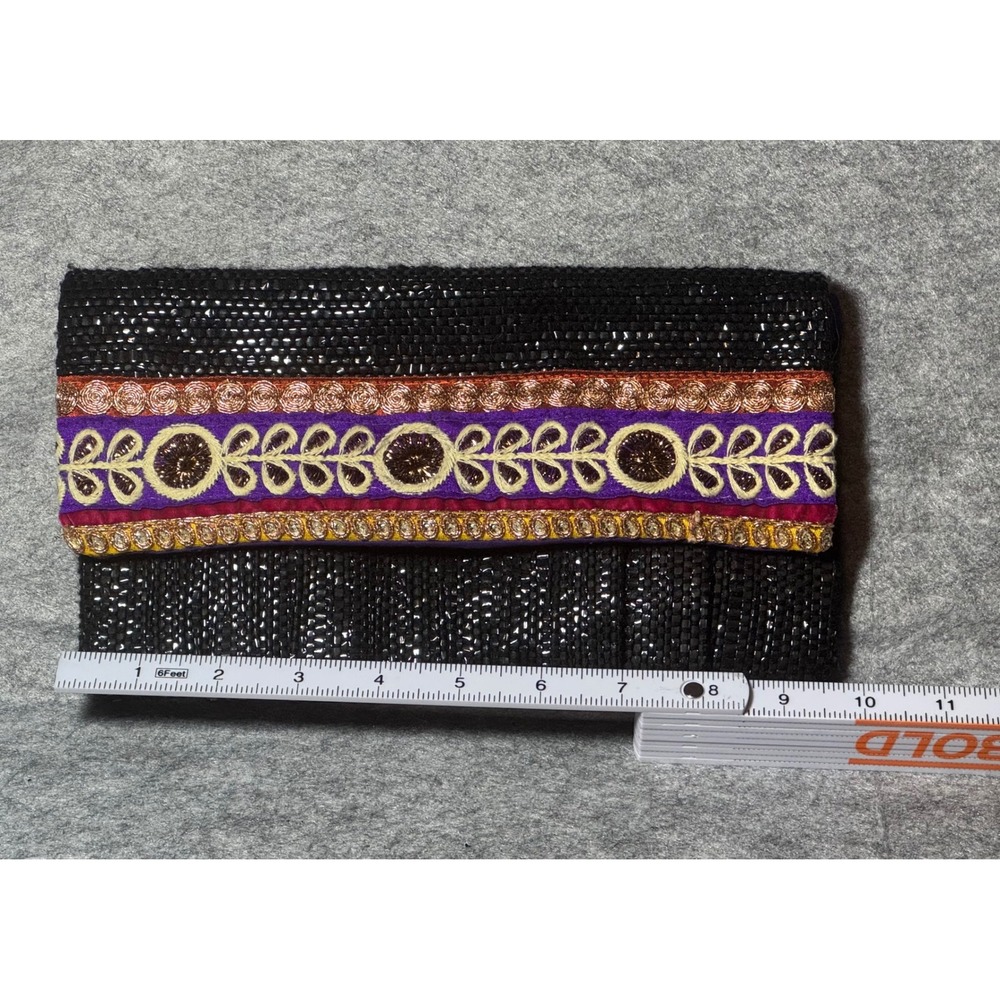 Black Beaded Clutch Bag Purple Gold Embroidered Boho Evening Bag Snap Closure - Picture 5 of 6